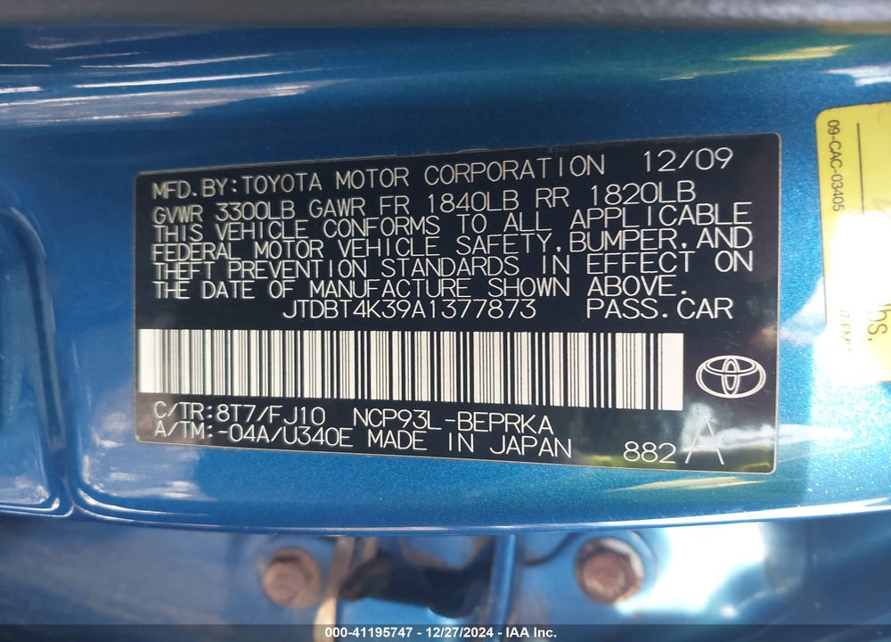 2010 TOYOTA YARIS VIN: JTDBT4K39A1377873