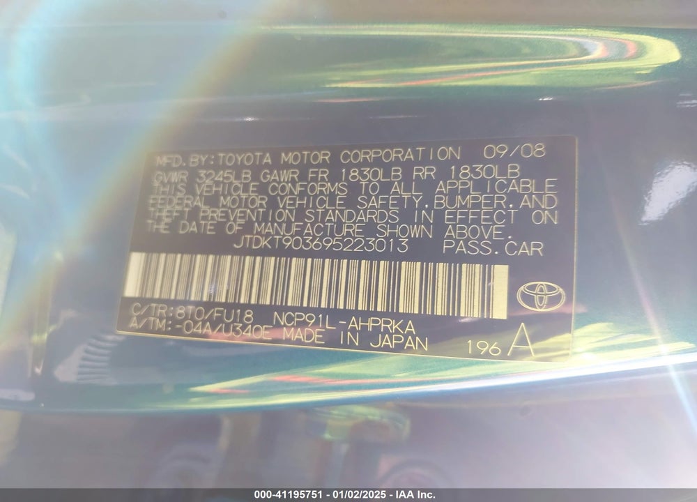 2009 TOYOTA YARIS VIN: JTDKT903695223013