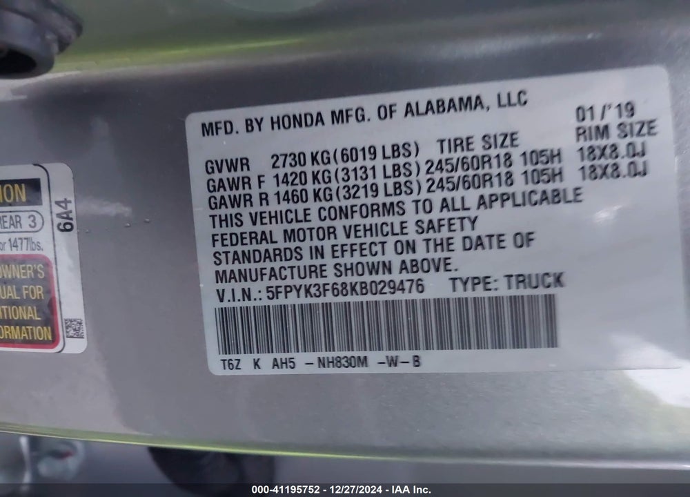 2019 HONDA RIDGELINE VIN: 5FPYK3F68KB029476