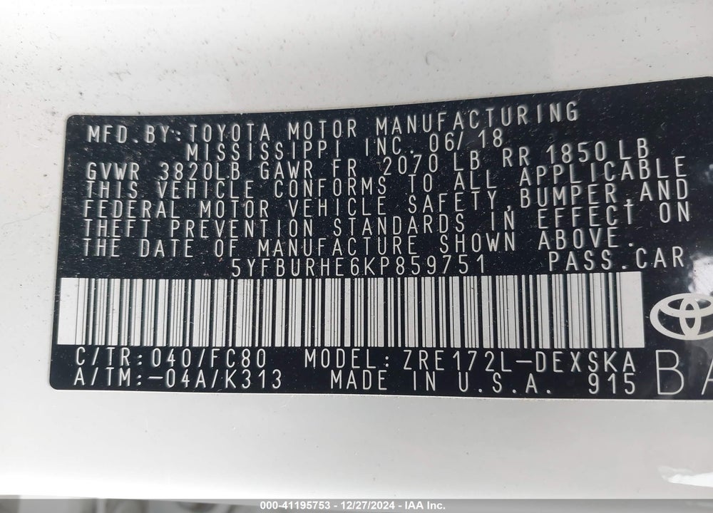 2019 TOYOTA COROLLA VIN: 5YFBURHE6KP859751