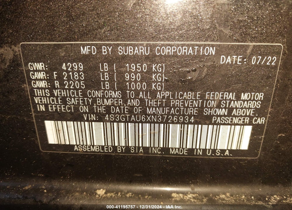 2022 SUBARU IMPREZA VIN: 4S3GTAU6XN3726934