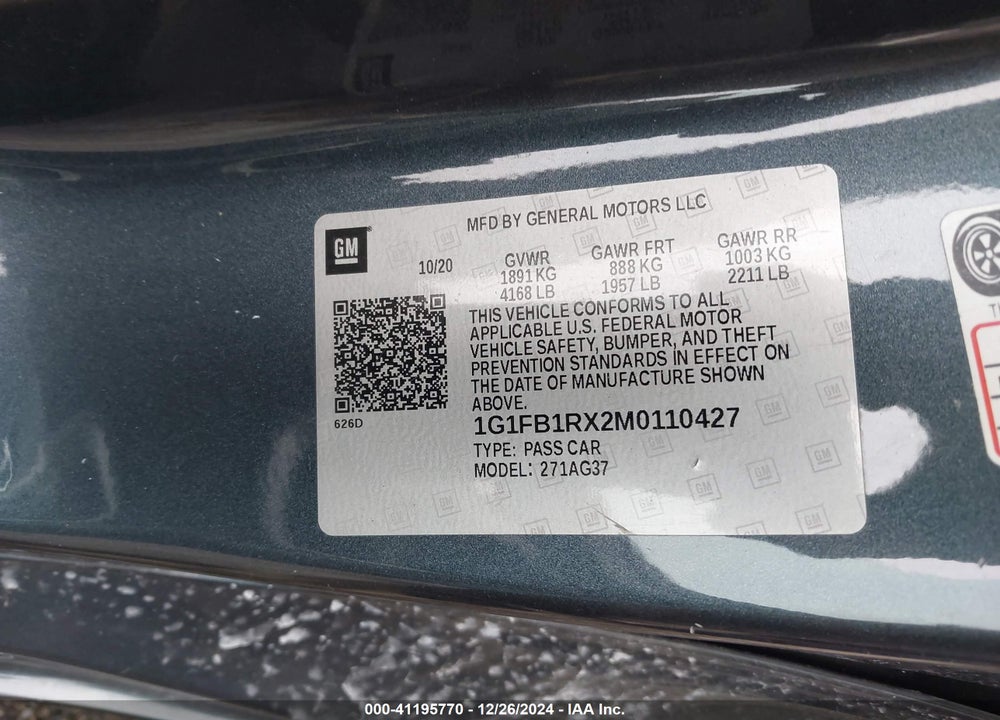 2021 CHEVROLET CAMARO VIN: 1G1FC3DX2M0110427