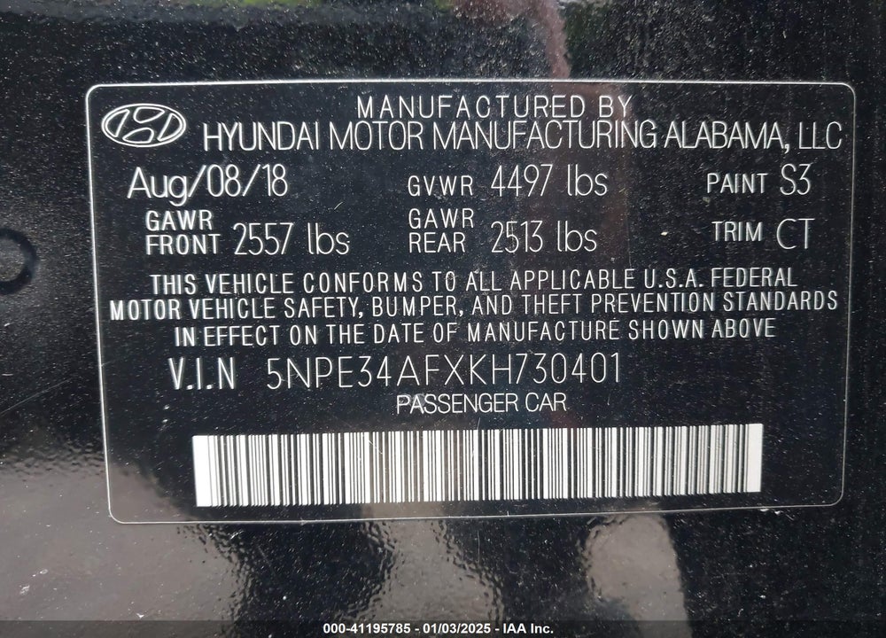 2019 HYUNDAI SONATA VIN: 5NPE34AFXKH730401