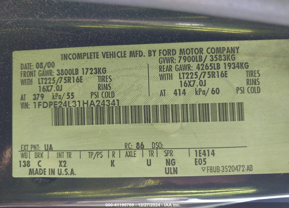 2001 FORD E-250 RECREATIONAL VIN: 1FDPE24L31HA24341