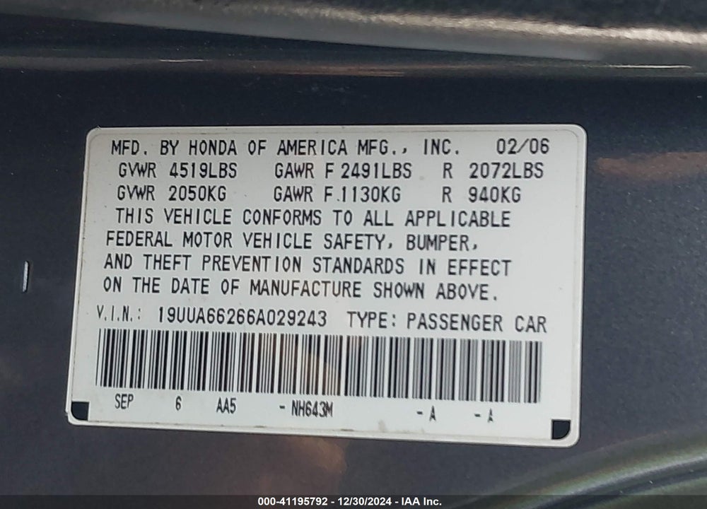 2006 ACURA TL VIN: 19UUA66266A029243
