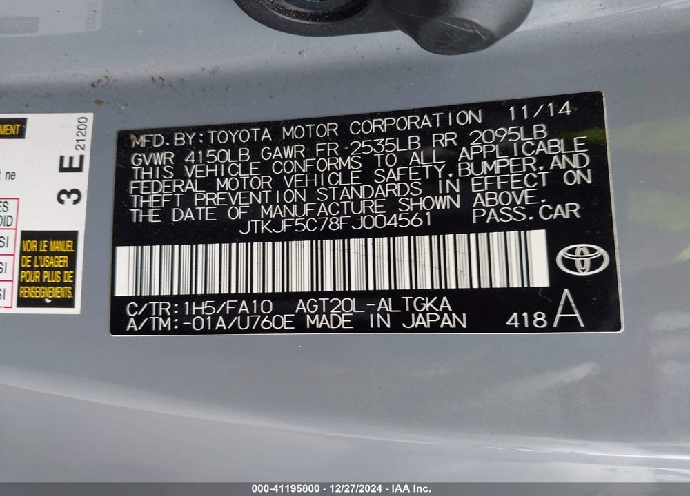 2015 SCION TC VIN: JTKJF5C78FJ004561