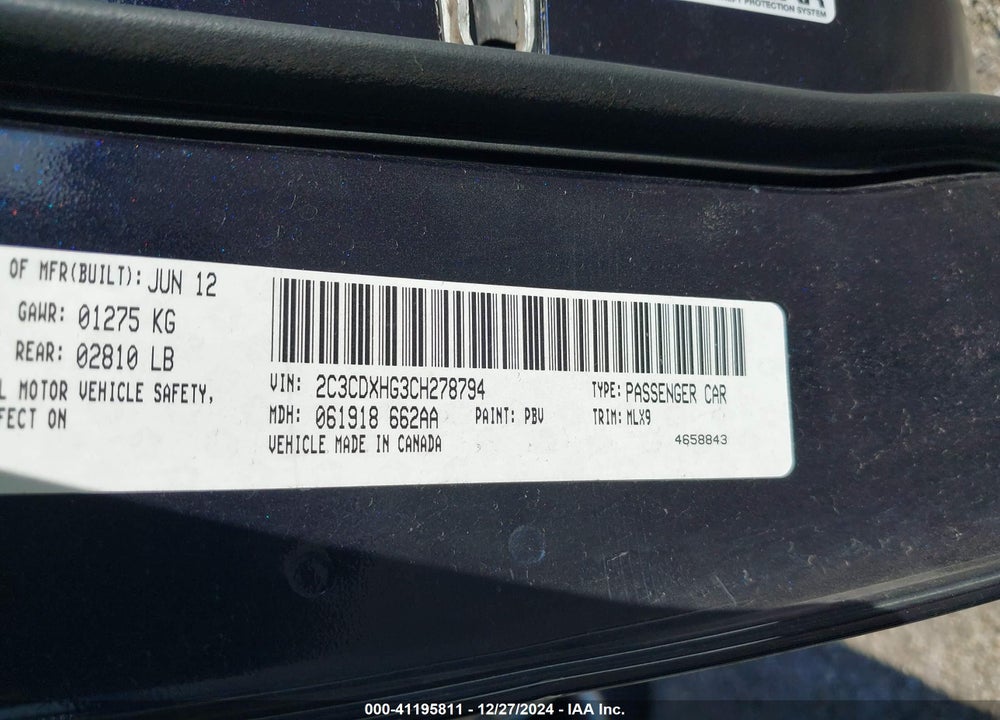 2012 DODGE CHARGER VIN: 2C3CDXHG3CH278794