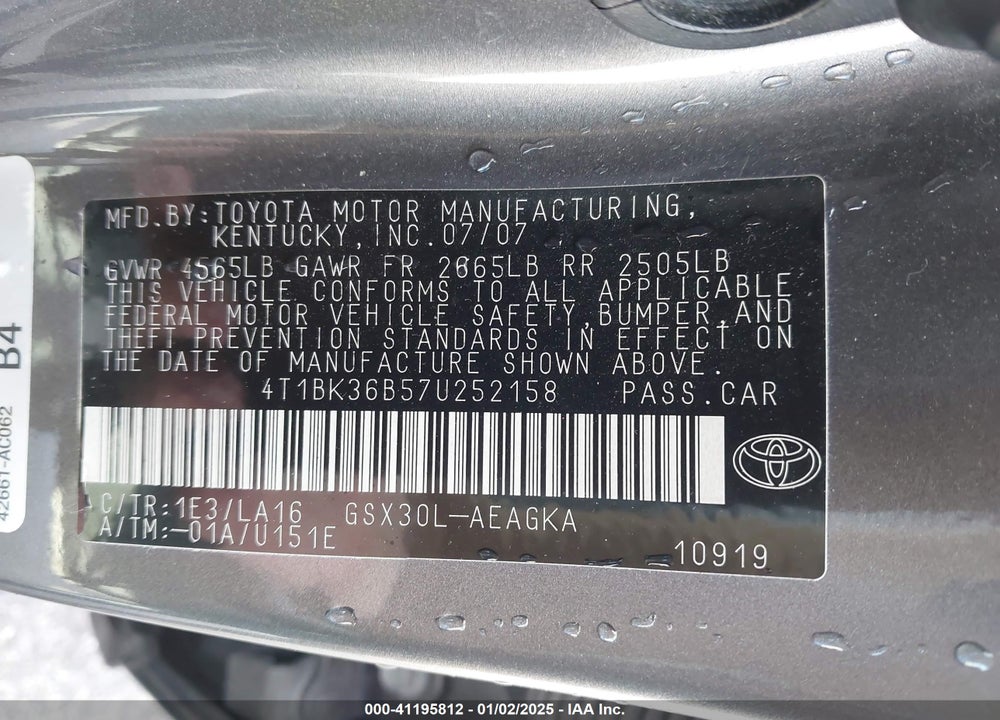 2007 TOYOTA AVALON VIN: 4T1BK36B57U252158