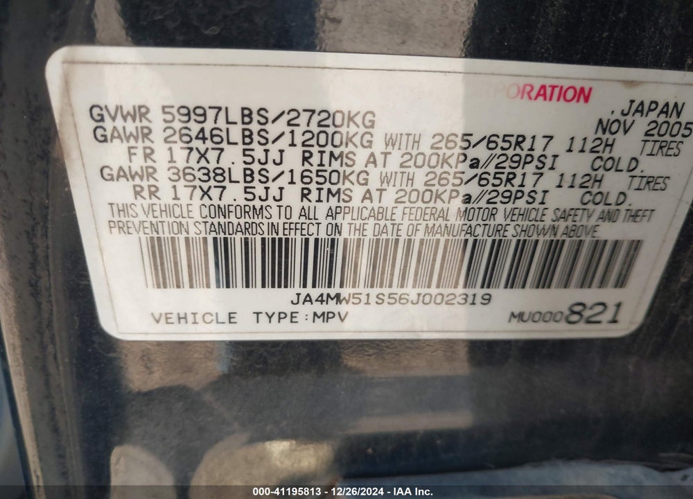 2006 MITSUBISHI MONTERO LIMITED VIN: JA4MW51S56J002319