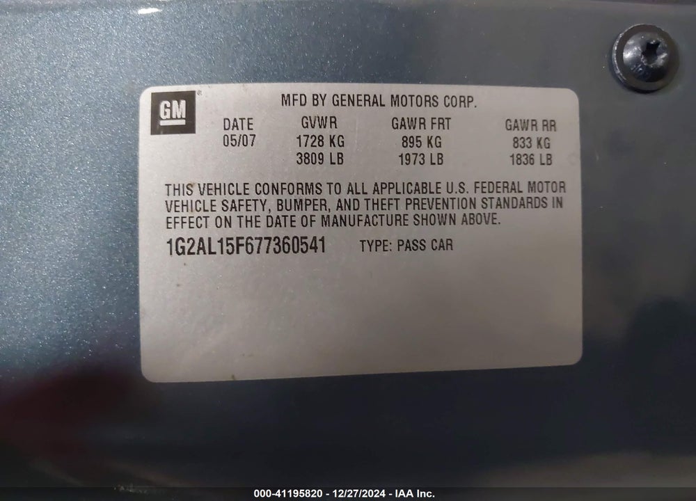 2007 PONTIAC G5 VIN: 1G2AL15F677360541