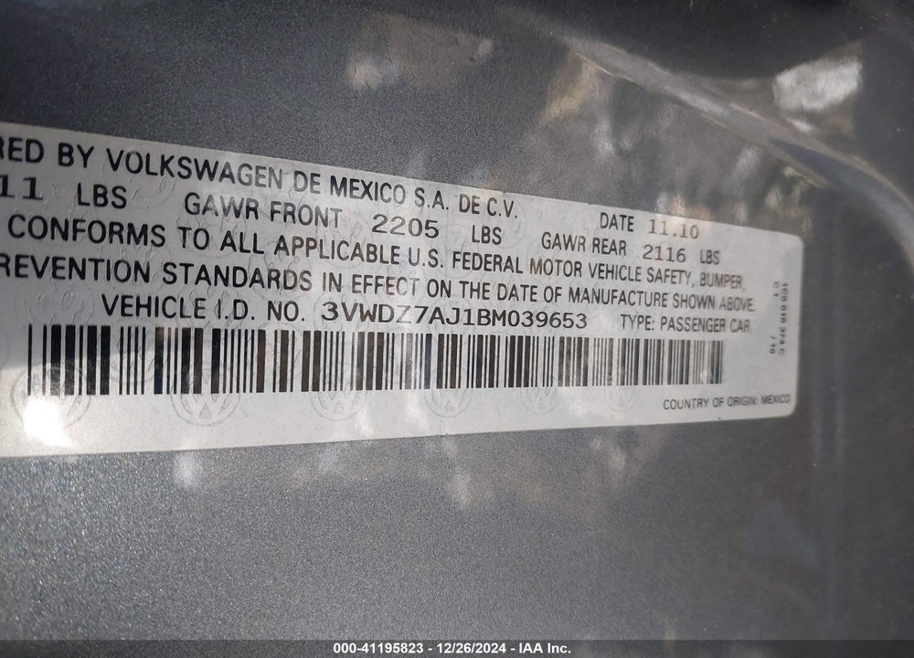 2011 VOLKSWAGEN JETTA 2.5L SE VIN: 3VWDZ7AJ1BM039653
