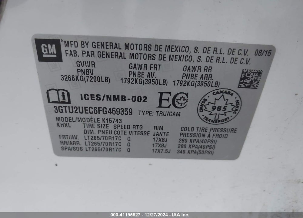 2015 GMC SIERRA VIN: 3GTU2UEC6FG469359