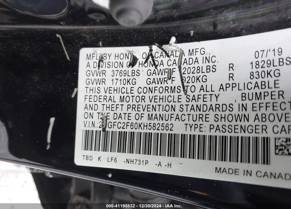 2019 HONDA CIVIC LX VIN: 2HGFC2F60KH582562