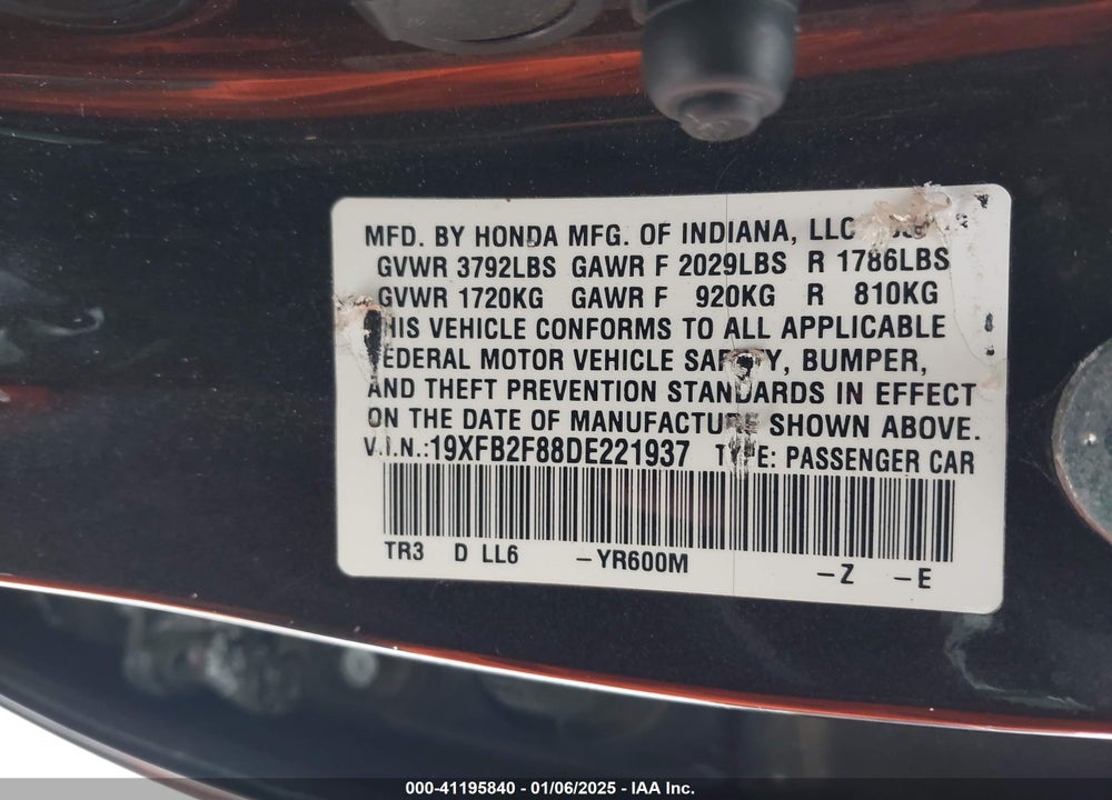 2013 HONDA CIVIC VIN: 19XFB2F88DE221937