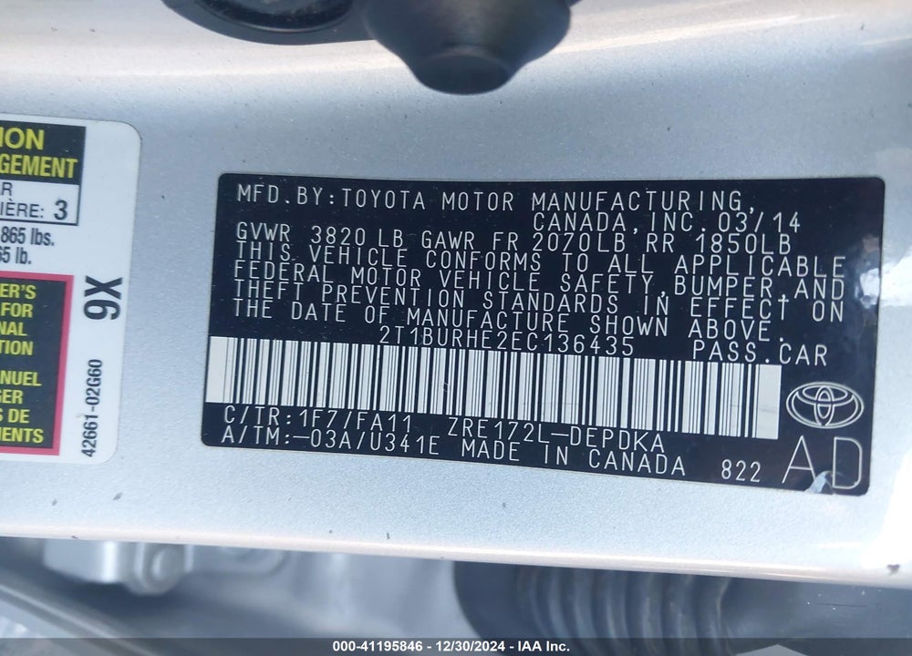 2014 TOYOTA COROLLA L VIN: 2T1BURHE2EC136435