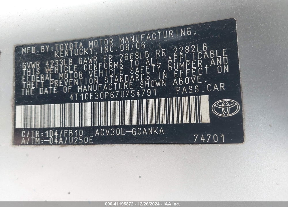 2007 TOYOTA CAMRY SOLARA SE VIN: 4T1CE30P67U754791