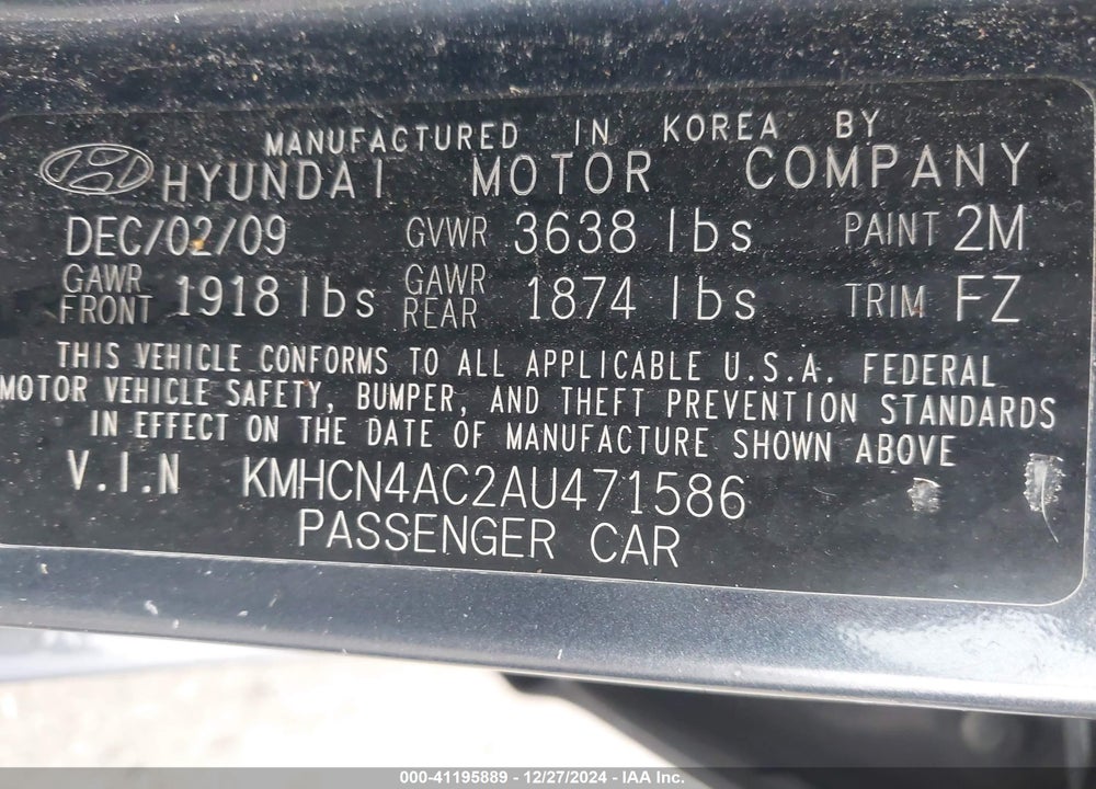 2010 HYUNDAI ACCENT GLS VIN: KMHCN4AC2AU471586