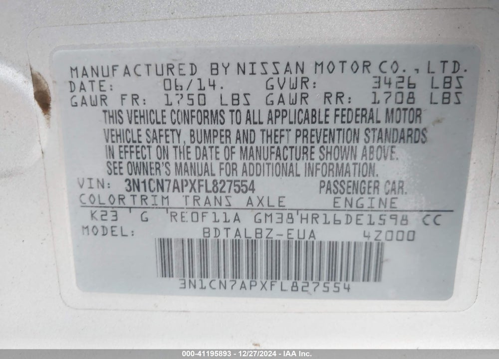 2015 NISSAN VERSA VIN: 3N1CN7APXFL827554