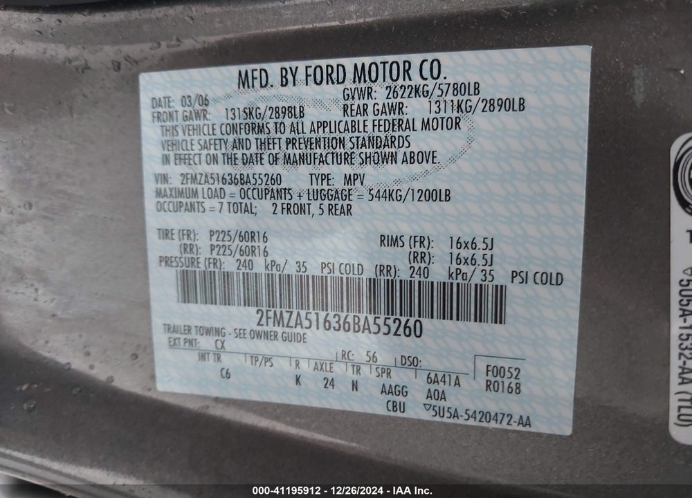 2006 FORD FREESTAR SE VIN: 2FMZA51636BA55260