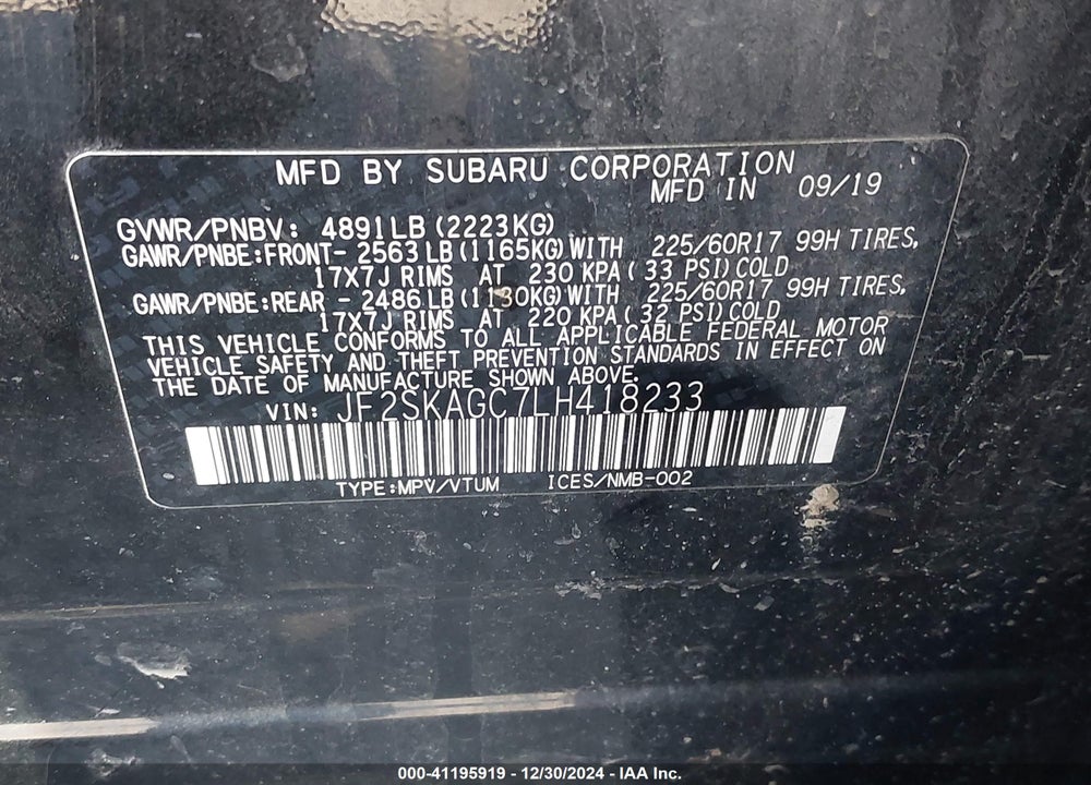 2020 SUBARU FORESTER PREMIUM VIN: JF2SKAGC7LH418233