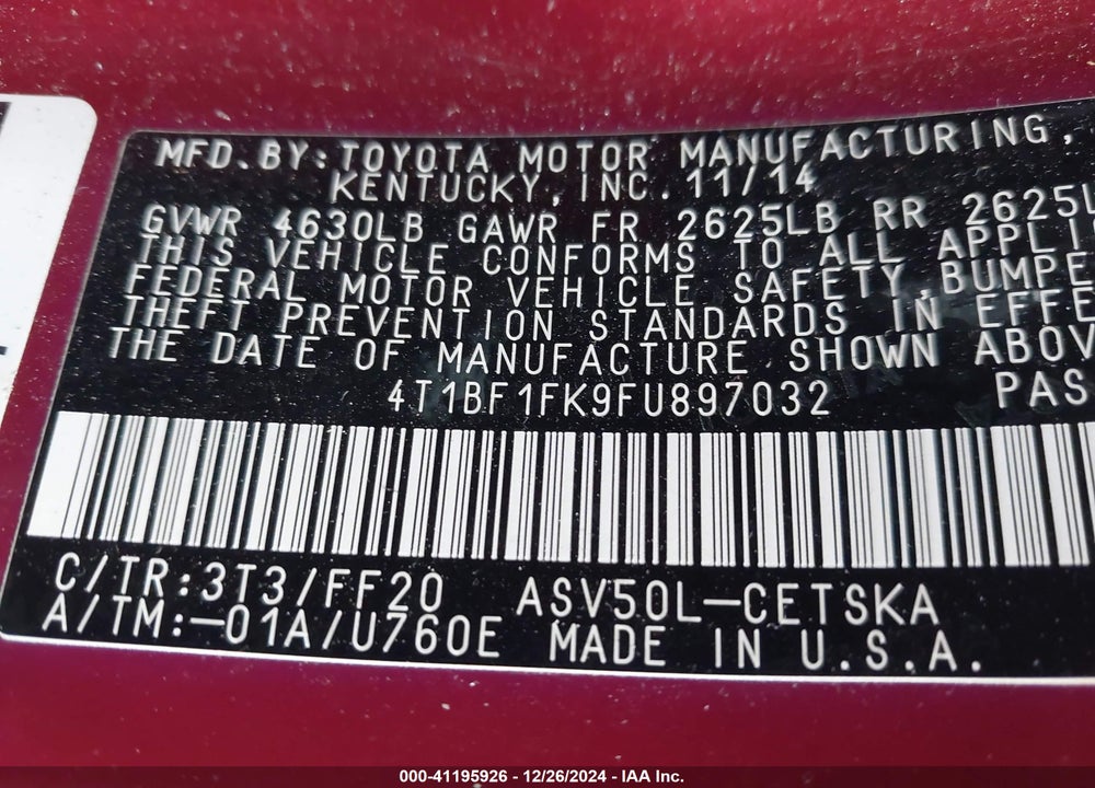 2015 TOYOTA CAMRY VIN: 4T1BF1FK9FU897032