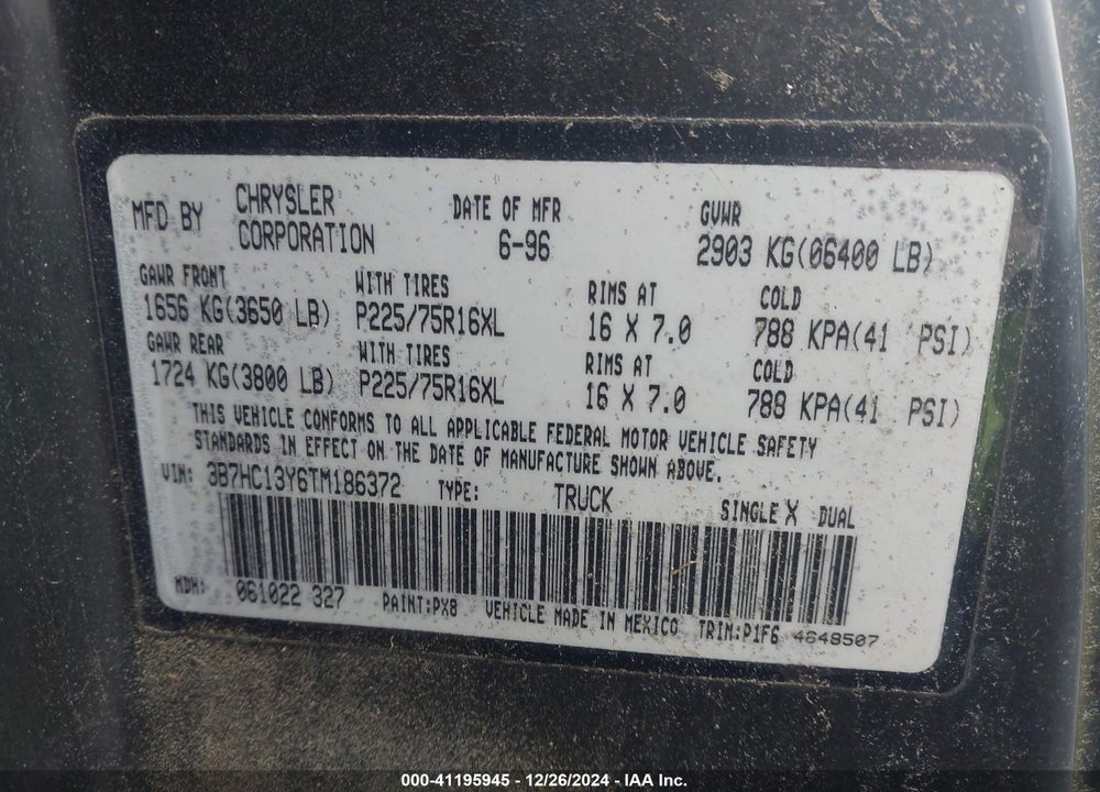 1996 DODGE RAM 1500 VIN: 3B7HC13Y6TM186372