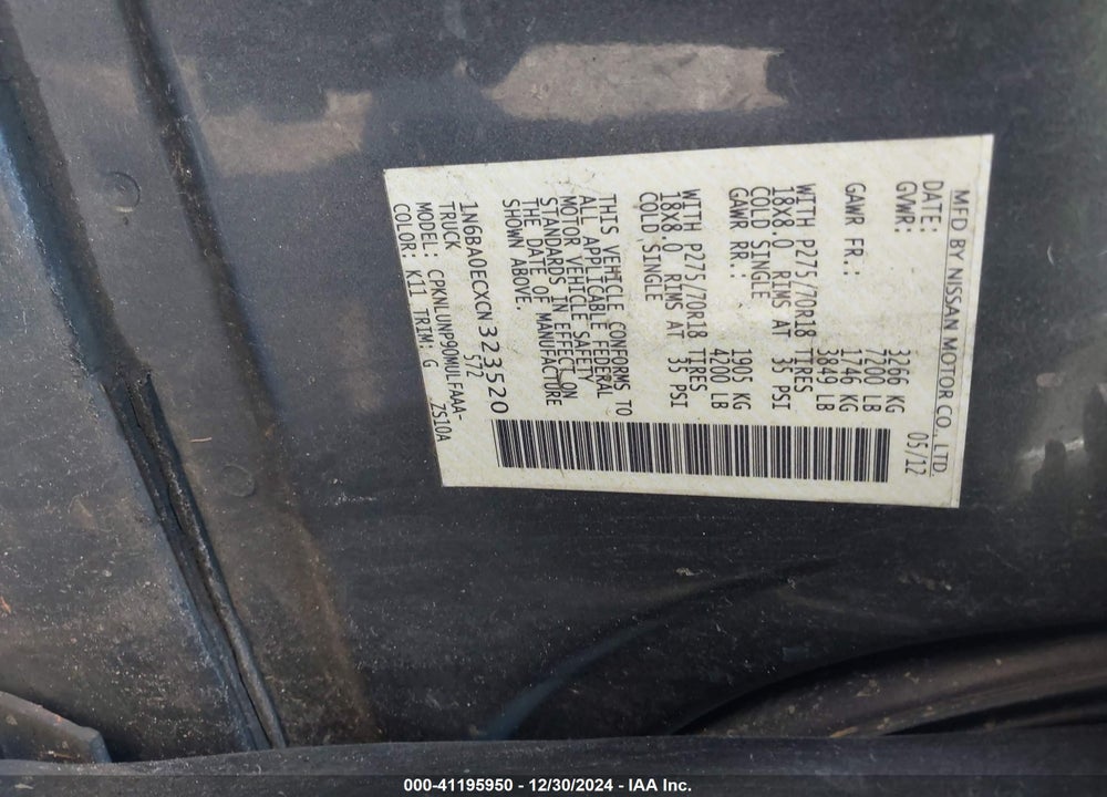 2012 NISSAN TITAN VIN: 1N6BA0ECXCN323520