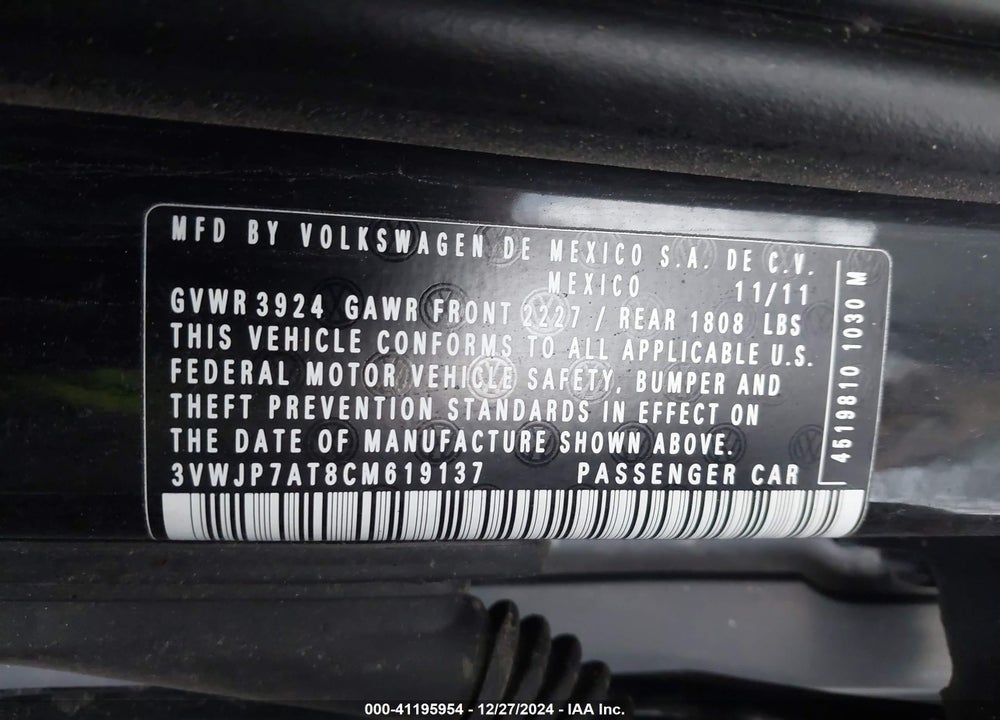 2012 VOLKSWAGEN BEETLE VIN: 3VWJP7AT8CM619137