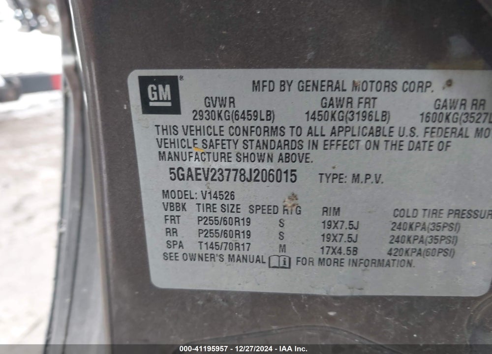 2008 BUICK ENCLAVE CXL VIN: 5GAEV23778J206015