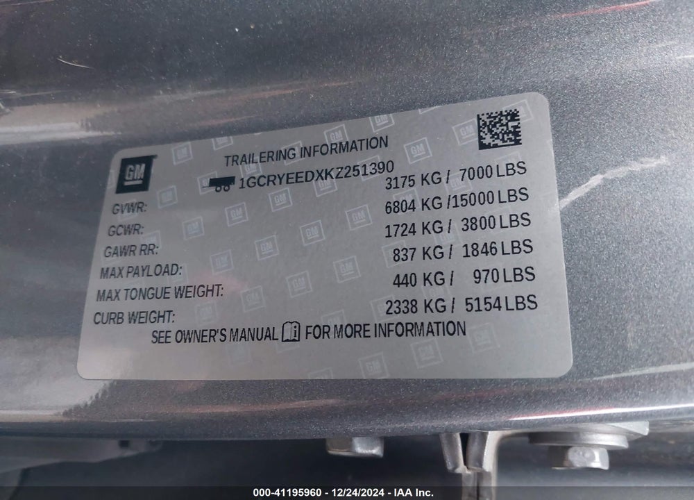 2019 CHEVROLET SILVERADO 1500 VIN: 1GCRYEEDXKZ251390