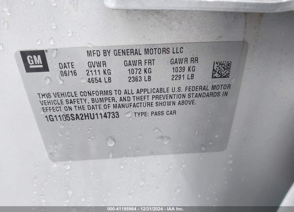 2017 CHEVROLET IMPALA 1LT VIN: 1G1105SA2HU114733