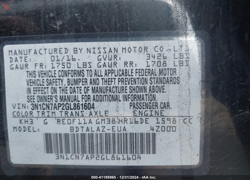 2016 NISSAN VERSA 1.6 S+ VIN: 3N1CN7AP2GL861604