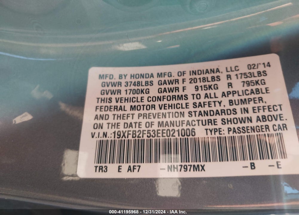 2014 HONDA CIVIC VIN: 19XFB2F53EE021006