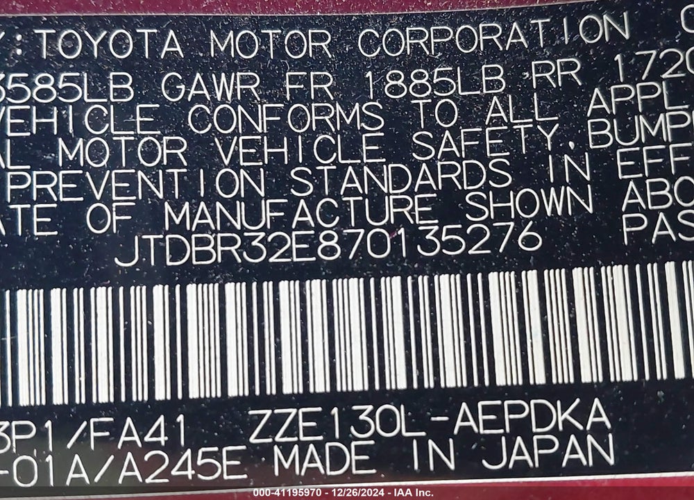 2007 TOYOTA COROLLA CE VIN: JTDBR32E870135276