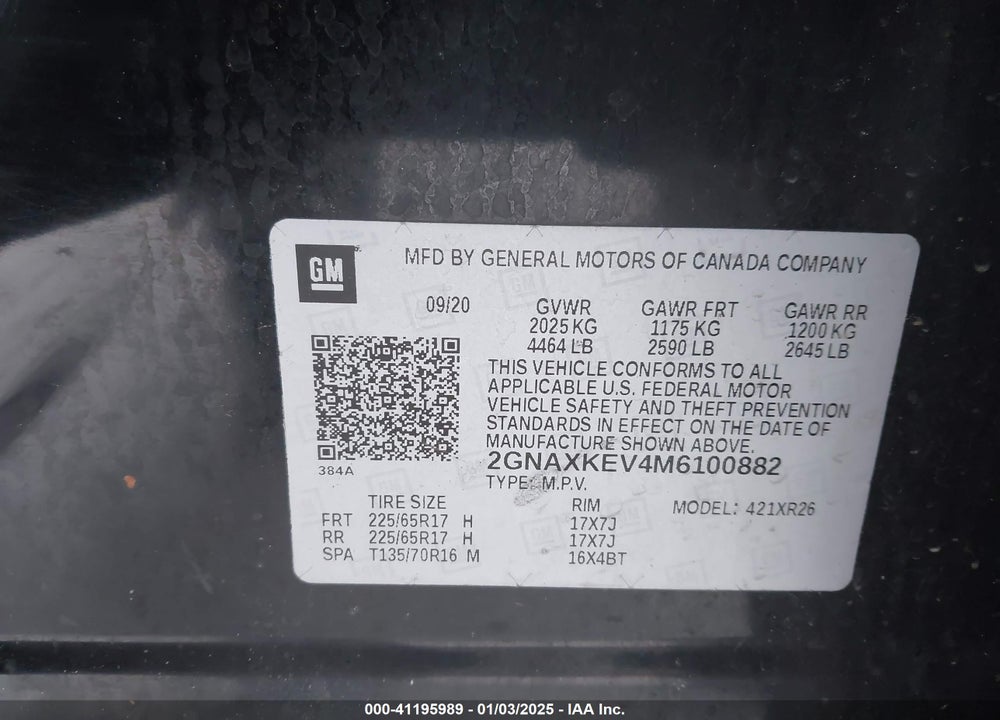 2021 CHEVROLET EQUINOX VIN: 2GNAXKEV4M6100882