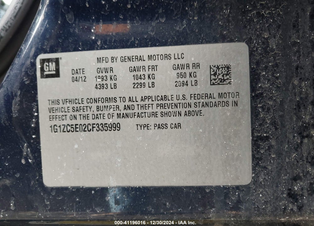 2012 CHEVROLET MALIBU 1LT VIN: 1G1ZC5E02CF335999