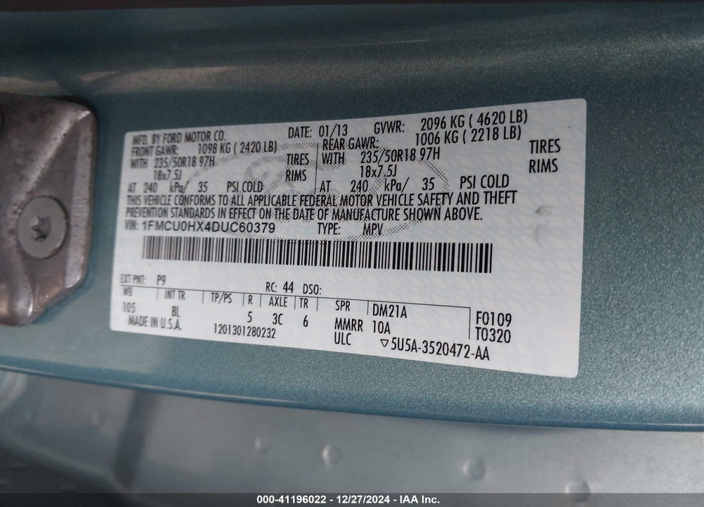2013 FORD ESCAPE SEL VIN: 1FMCU0HX4DUC60379