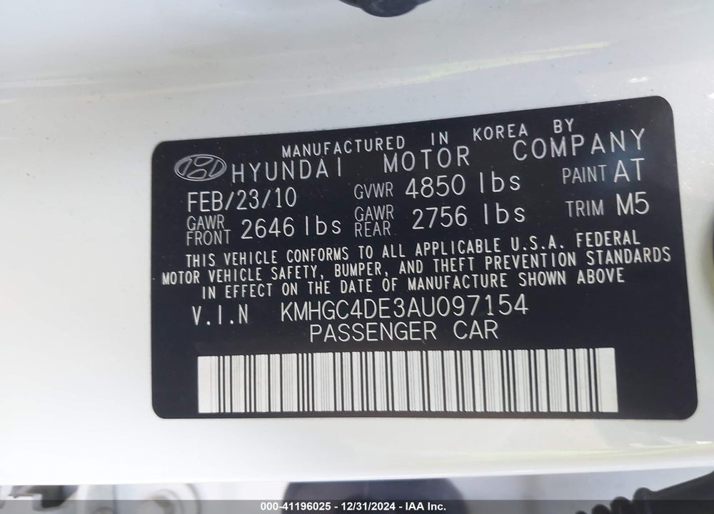 2010 HYUNDAI GENESIS VIN: KMHGC4DE3AU097154