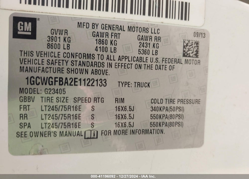2014 CHEVROLET EXPRESS 2500 WORK VAN VIN: 1GCWGFBA2E1122133