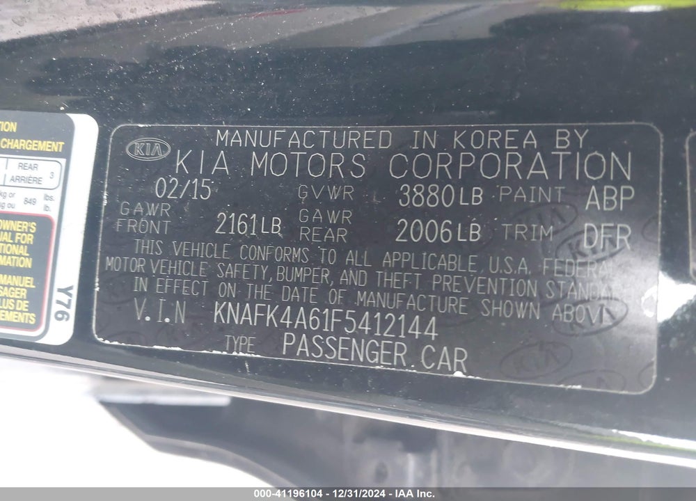 2015 KIA FORTE LX VIN: KNAFK4A61F5412144