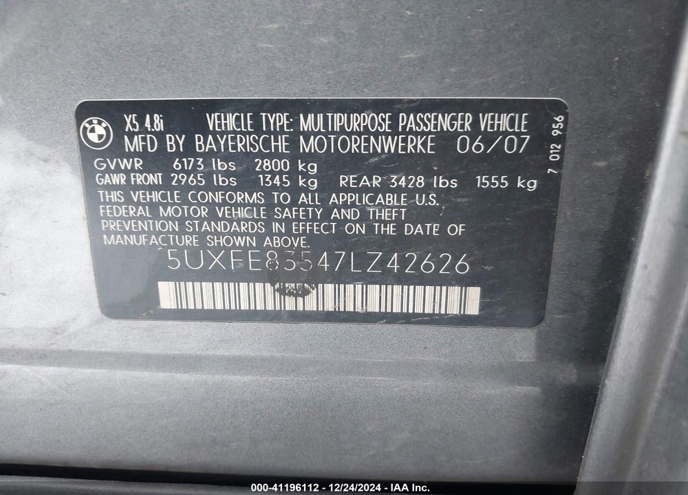 2007 BMW X5 4.8I VIN: 5UXFE83547LZ42626