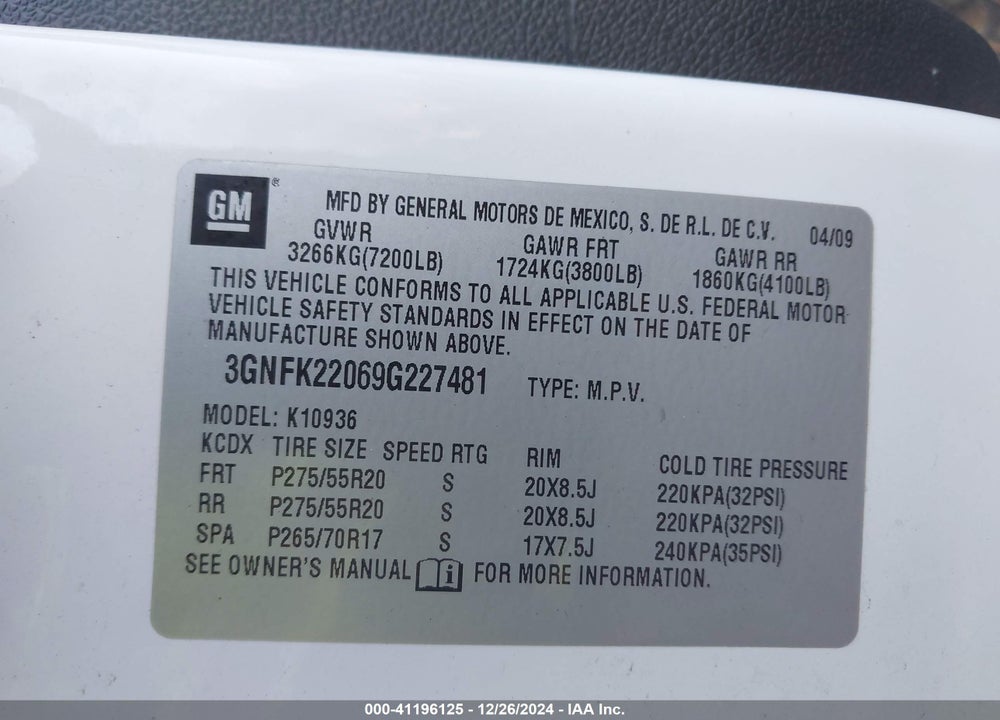 2009 CHEVROLET AVALANCHE 1500 LT1 VIN: 3GNFK22069G227481