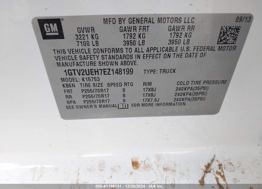 2014 GMC SIERRA 1500 VIN: 1GTV2UEH7EZ148199