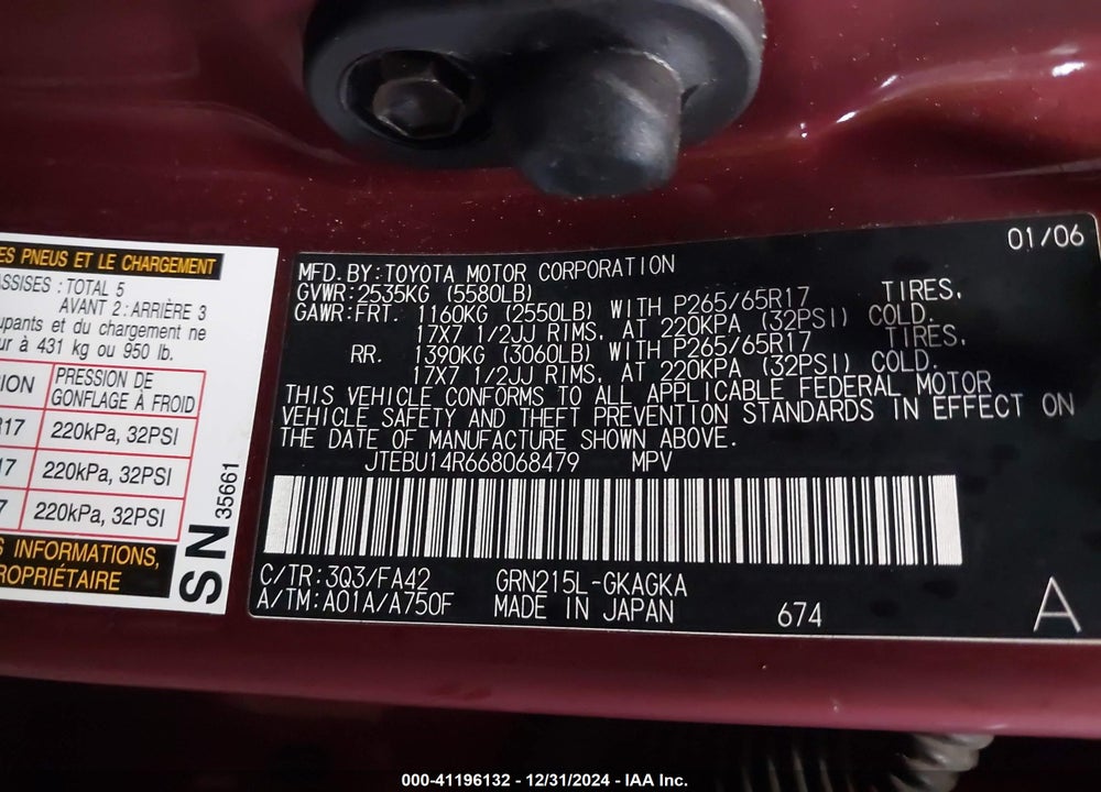 2006 TOYOTA 4RUNNER SR5 V6 VIN: JTEBU14R668068479