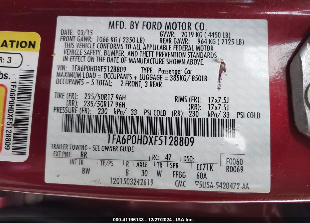 2015 FORD FUSION VIN: 1FA6P0HDXF5128809