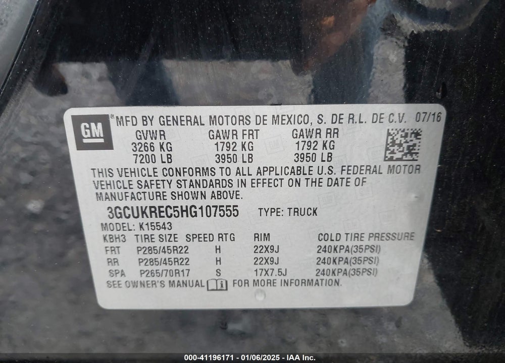 2017 CHEVROLET SILVERADO 1500 VIN: 3GCUKREC5HG107555