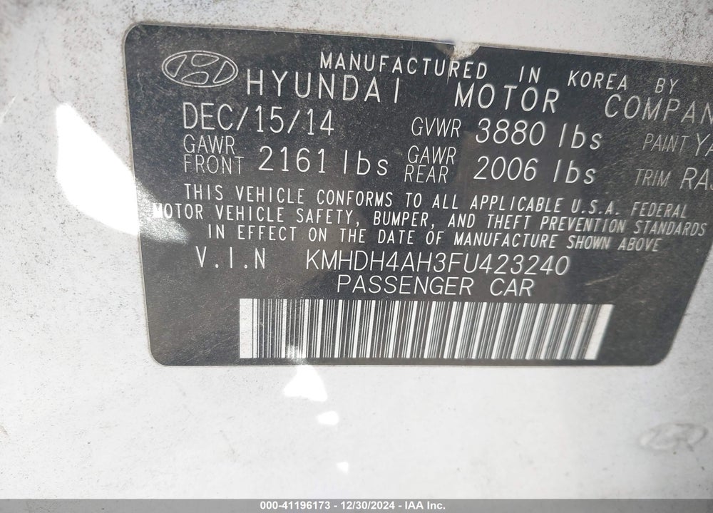 2015 HYUNDAI ELANTRA VIN: KMHDH4AH3FU423240