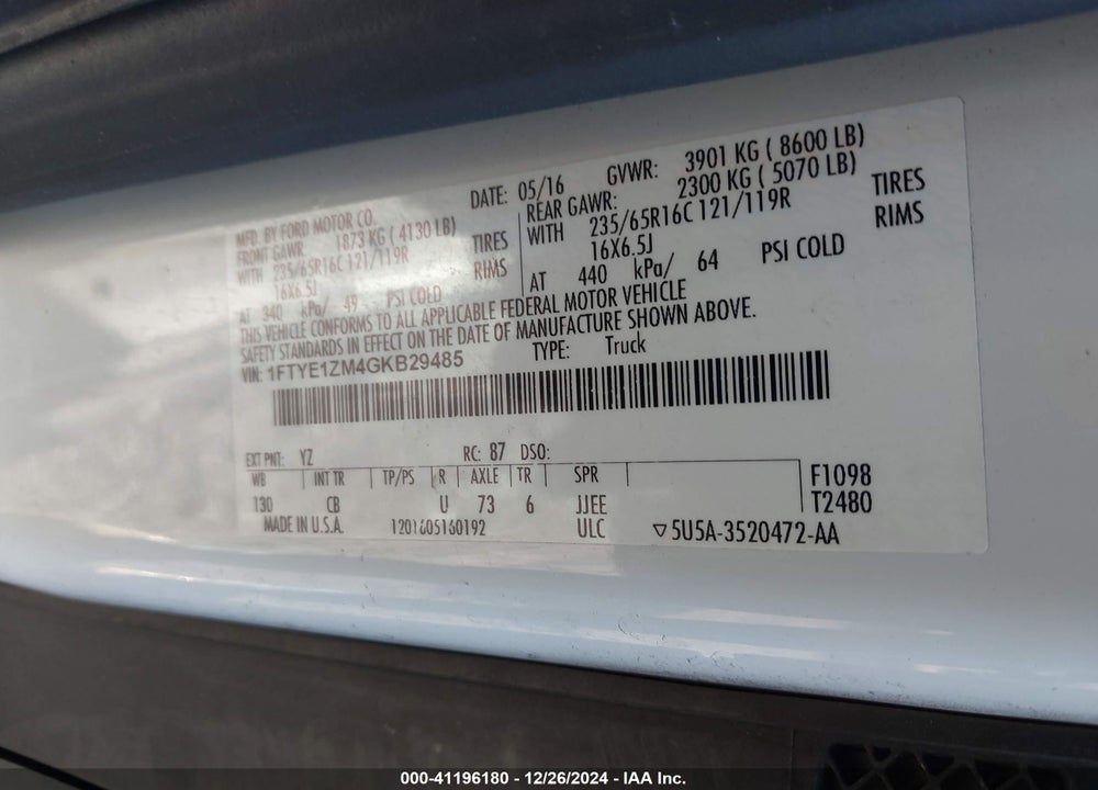 2016 FORD TRANSIT-150 VIN: 1FTYE1ZM4GKB29485