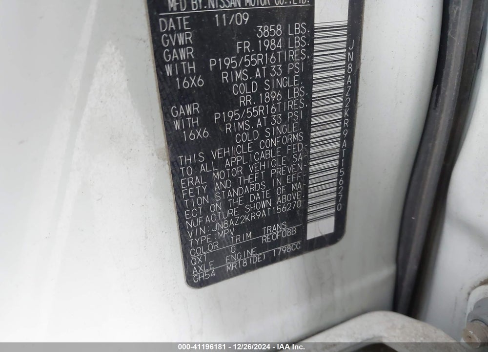 2010 NISSAN CUBE 1.8SL VIN: JN8AZ2KR9AT156270