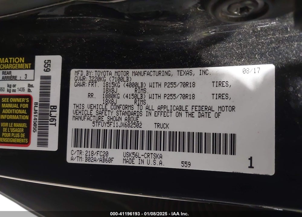 2018 TOYOTA TUNDRA VIN: 5TFUY5F11JX682502